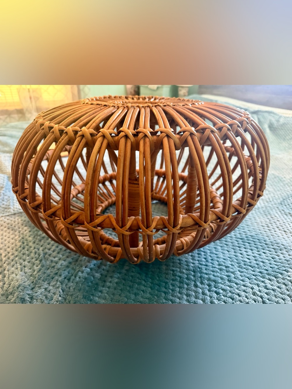 Vintage Franco Albini Style Woven Rattan Ottoman, Mid Century Rattan Footstool